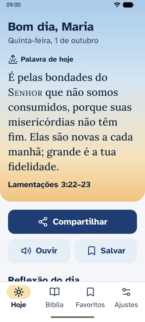 Tela Hoje do Palavra: Bom dia, Maria, e a palavra de hoje, Lamentações 3:22–23, com os botões Compartilhar, Ouvir e Salvar.