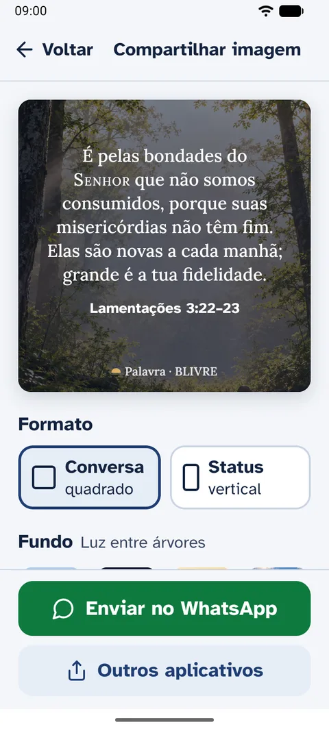 Imagem com o versículo sobre uma foto de árvores, pronta para enviar no WhatsApp.